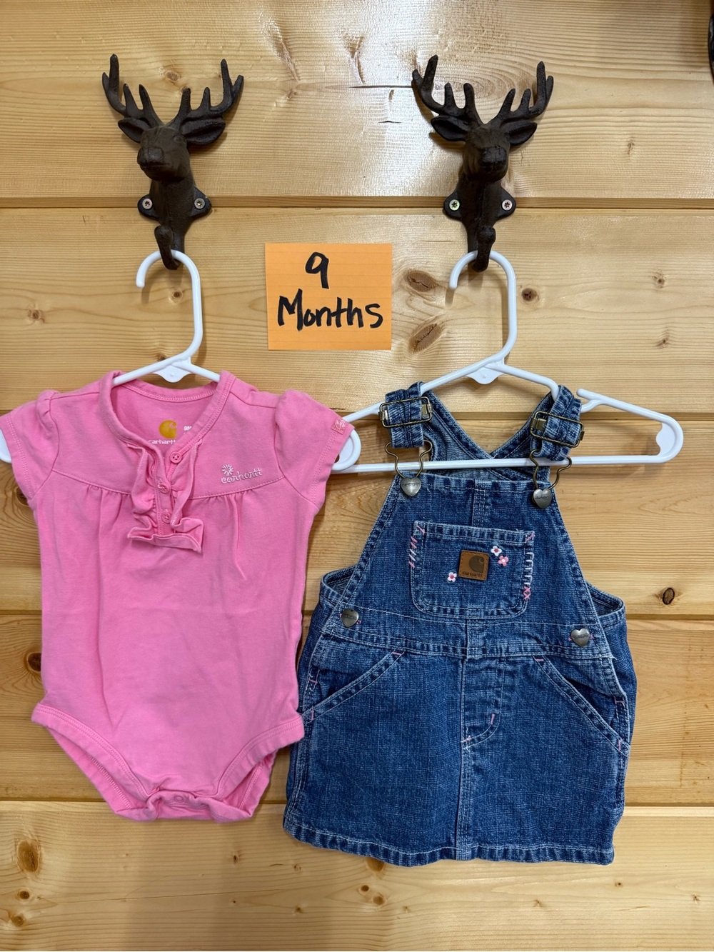 Carhartt Pink Onesie & Blue Denim Jumper Dress Baby Set - 9 Months